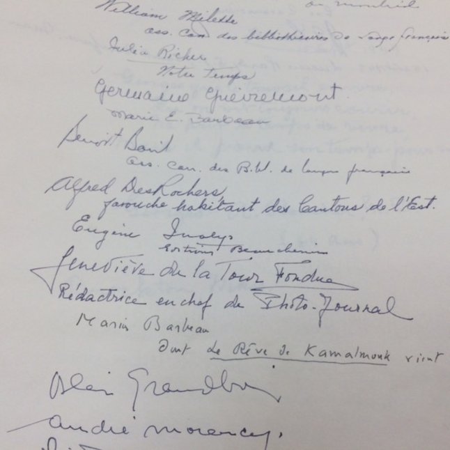 Signatures d’Alfred Desrochers, de Germaine Guèvremont et d’Alain Grandbois