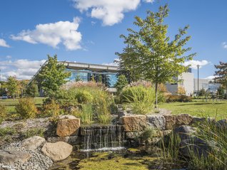 Vue extérieure du Campus principal avec bassin d'eau et arbres devant un pavillon