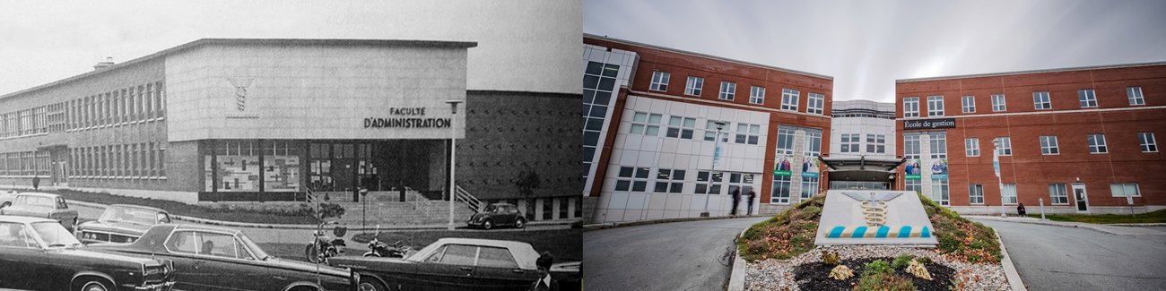 À gauche, image d'archive de la devanture du bâtiment de l'École de gestion. À droite, image actuelle de la devanture du bâtiment de l'École de gestion.