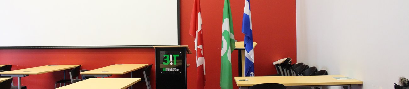 The view of a room with the flag of Canada, the flag of Université de Sherbrooke and the flag of Québec