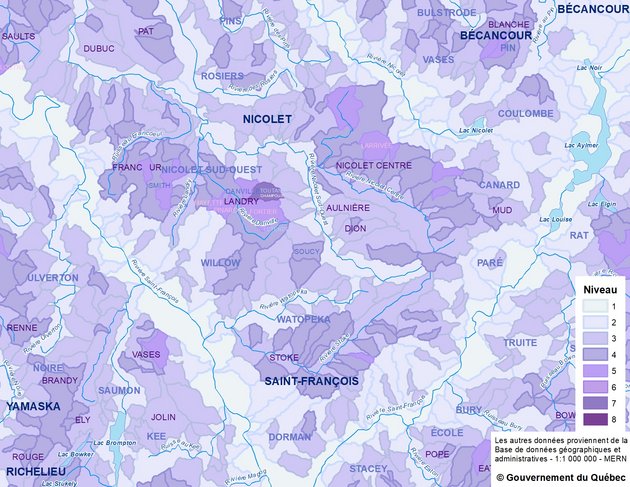 Exemple d'utilisation des données : Bassins hydrographiques multiéchelles du Québec - MELCC