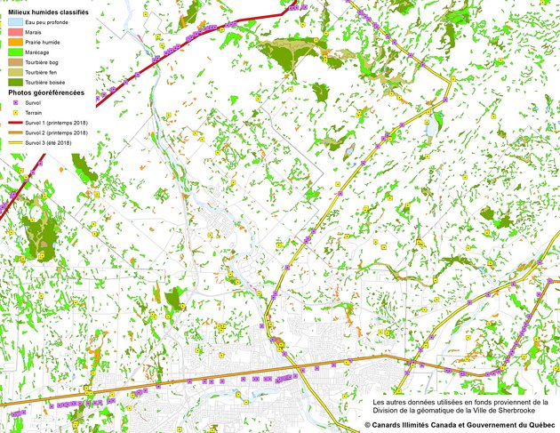 Exemple de l'utilisation des données : Cartographie détaillée des milieux humides de l'Estrie - Canards Illimités