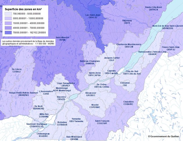 Exemple d'utilisation des données : Zones de gestion intégrée de l'eau par bassins versants - MELCC