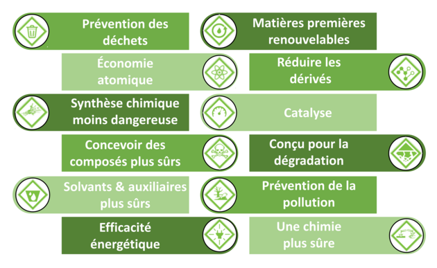 Les douze principes de la chimie verte (1. prévention des déchets, 2. économie d'atomes, 3. synthèse moins dangereuse, 4. conception de produits chimiques plus sûrs, 5. solvants et auxiliaires plus sûrs, 6. efficacité énergétique, 7. utilisation de matières premières renouvelables, 8. réduction des produits dérivés, 9. catalyse, 10. conception pour la dégradation, 11. conception pour l'élimination, 12. conception pour l'élimination, 13. conception pour l'élimination, 14. conception pour l'élimination, 15. conception pour l'élimination, 16. conception pour l'élimination. Conception pour la dégradation, 11. Prévention de la pollution, 12. Chimie plus sûre).