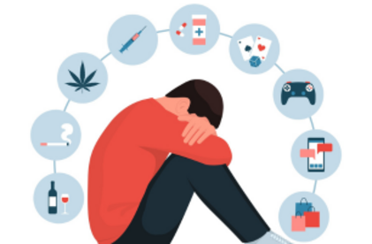 Un homme avec des bulles autour de lui qui représentent différentes dépendances
