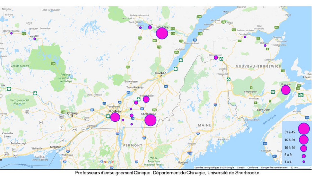 Carte du Québec représentant la répartition des professeurs d’enseignement clinique du département