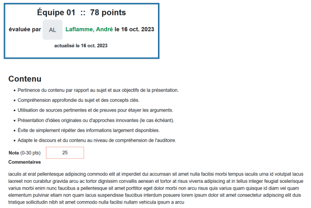 Préréglage Coévaluation des présentations orales par équipe - affichage fiche