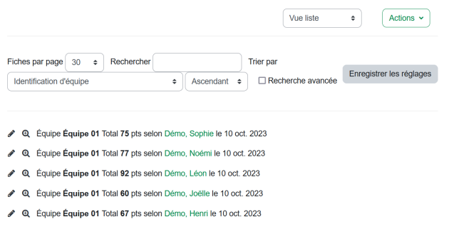 Préréglage Coévaluation des présentations orales par équipe - affichage liste