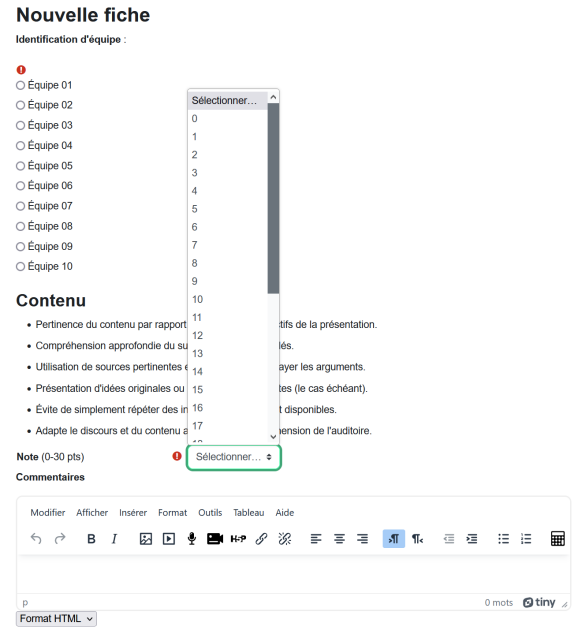 Préréglage Coévaluation des présentations orales par équipe - affichage nouvelle fiche