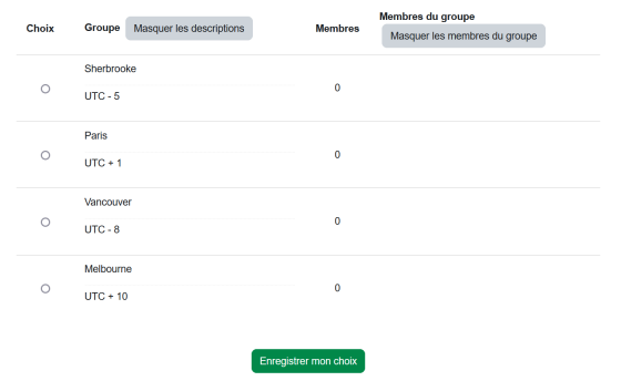 Sélection d'une ville par l'activité Choix de groupe