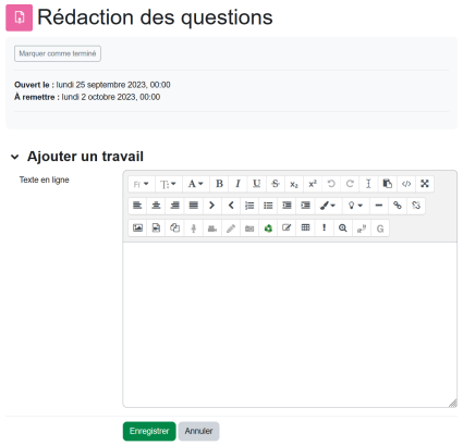 Interface de rédaction en ligne pour l'activité Devoir