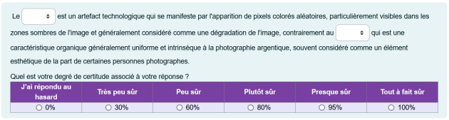 Exemple de question Mot manquant avec indice de certitude.