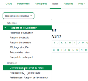 Interface de Moodle : configuration du carnet de notes