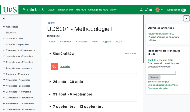 Structure espace de cours Moodle