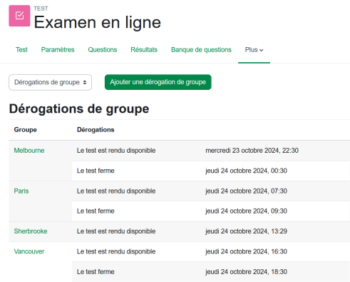 Affichage des dérogations de groupe pour un examen en ligne avec l'activité Test