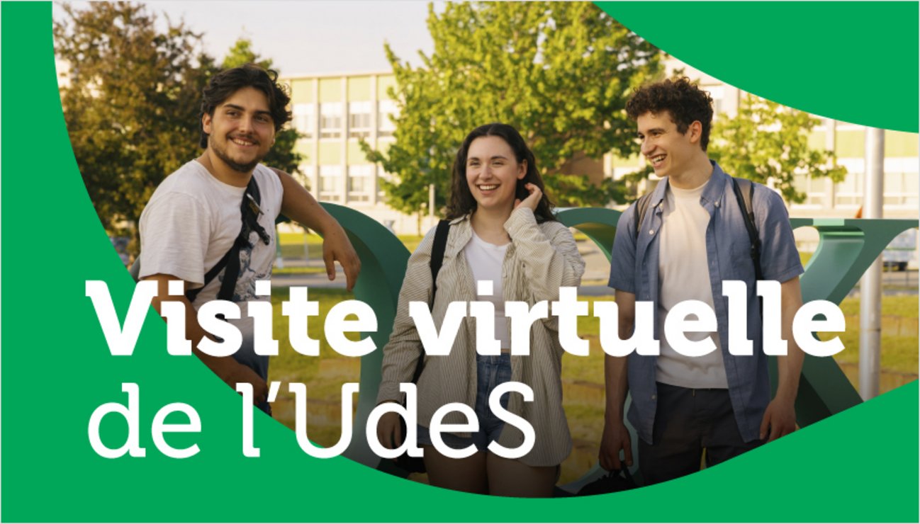 Étudiants sur le campus derrière le texte «Visite virtuelle de l'UdeS»