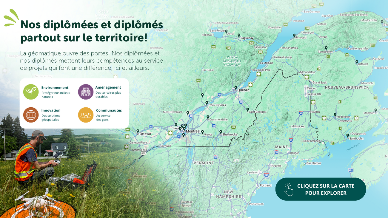 Carte géographique du Canada montrant les lieux d'emploi en géomatique