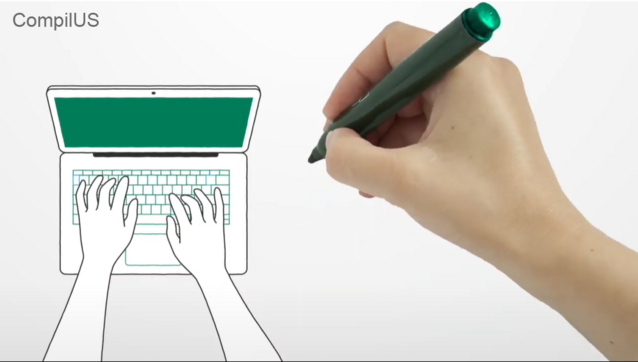 Illustration d'un ordinateur et d'une main qui écrit