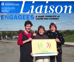  la une du journal du 5 octobre 2000, Liaison prsente trois participantes de la Marche mondiale des femmes : Carole Lebel, tudiante au doctorat, Suzanne Garon, professeure en service social, et France Jutras, professeure en pdagogie.