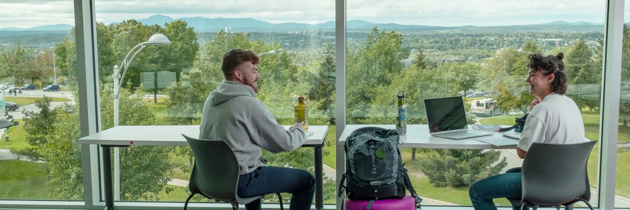 Un étudiant et une étudiante travaillent à table devant fenêtre et montagnes