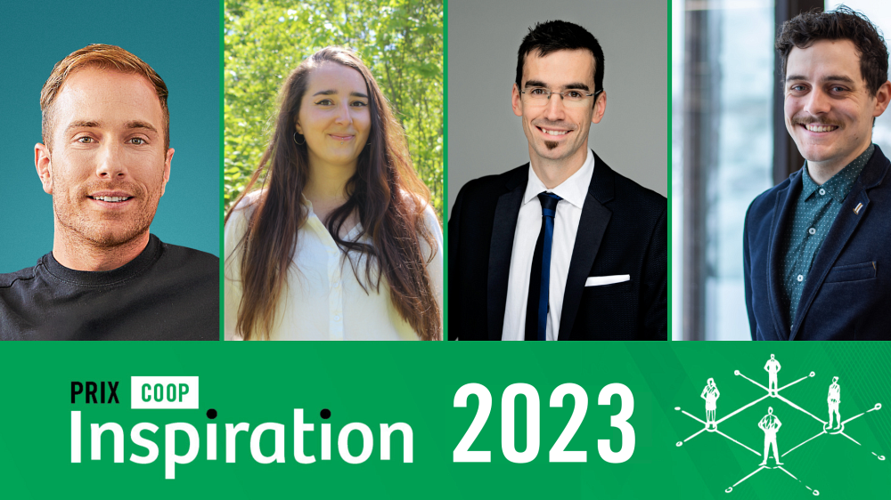 Les quatre personnes laur&eacute;ates des prix Coop inspiration 2023. De gauche &agrave; droite : Mathieu Allaire, Isabelle B&eacute;liveau, Dragan Tutic et Laurent Dallaire.