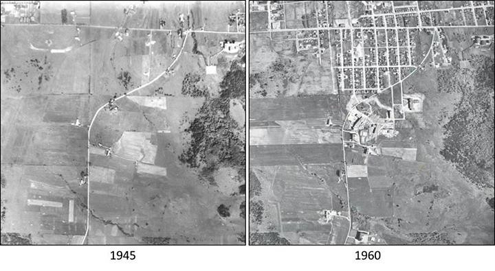 &Eacute;volution de l'Universit&eacute; de Sherbrooke et de son quartier entre 1945 (photo A9457-112) et 1960 (photo R6017-178).