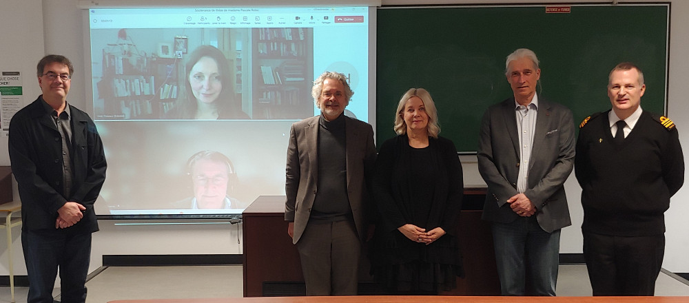 Pr Claude G&eacute;linas, sur l'&eacute;cran : Pr Marc Dumas et Pre Florence Vinit, Pr Pierre No&euml;l, Dre Pascale Robic, Pr Jacques Quintin et Pr Martin Po&euml;ti