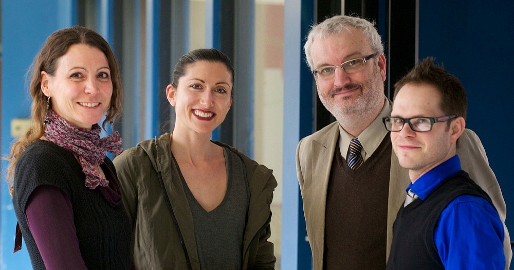 Val&eacute;rie Desgroseilliers, Lucie Veyretout, Louis-Georges Desch&ecirc;nes et Daniel Chevalier, coordonnateur de la deuxi&egrave;me &eacute;dition du colloque pour &eacute;tudiants et jeunes chercheurs en religieux contemporain.