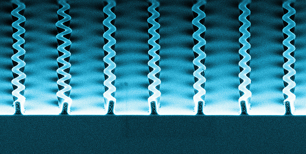 Courbes presque parfaites. L'image montre une vue inclinée de lignes de photorésine négative sur un substrat de silicium, après développement. Les lignes font environ 1 µm de haut, ce qui est 50 fois plus petit que le diamètre d'un cheveu. Cette image a été obtenue au microscope électronique à balayage.