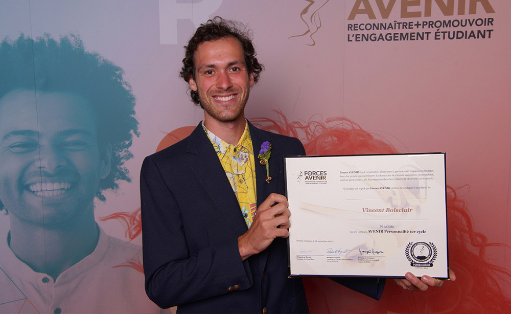 Vincent Boisclair, étudiant au bac en études de l'environnement, nommé Personnalité 1er cycle au gala Forces Avenir 2018.