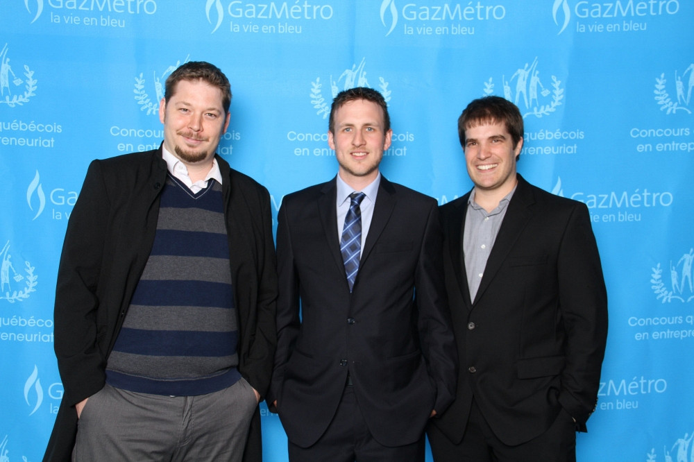 Les grands gagnants du Concours québécois en entrepreneuriat 2013, Frédéric Leduc, Simon Gaudreau et Jean-François Larrivée lors de la remise des prix.