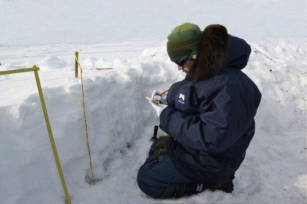 Nicolas Marchand, Ph.D., dans une fosse-à-neige pour en caractériser les propriétés thermodynamiques.