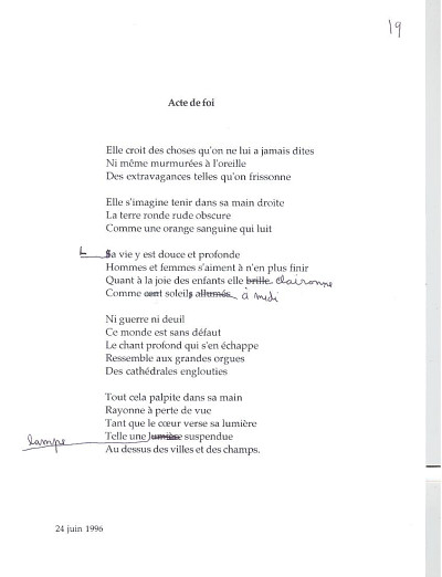 Dactylographie annotée de «Acte de foi», Poèmes pour la main gauche.