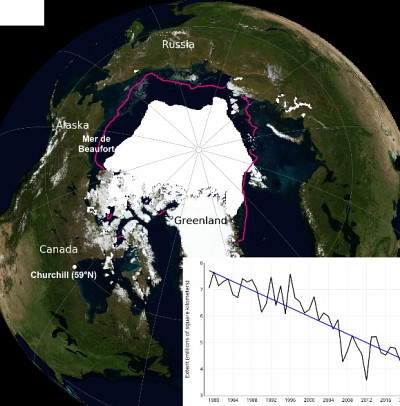 Étendue de la glace de mer arctique en septembre 2019, au moment où elle est minimale, dérivée des observations satellites. La ligne magenta indique la limite moyenne sur la période 1981-2010. En médaillon, la tendance de sa superficie du mois de septembre en millions de kilomètres carrés de 1979 à 2019, entre le maximum de 7.5 M km2 en 1980 et la valeur de 4.3 M km2 observée en septembre 2019. Source National Snow and Ice Data Center, NASA.