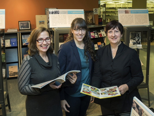 De gauche à droite : Marie-Pier Luneau, spécialiste de l'histoire de l'édition littéraire au Québec; Kristina Bernier, étudiante à la maîtrise en études françaises; Julie Fecteau, archiviste.