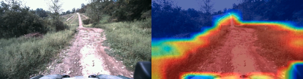 Les zones rouges correspondent aux zones traversables selon l'estimation du robot.