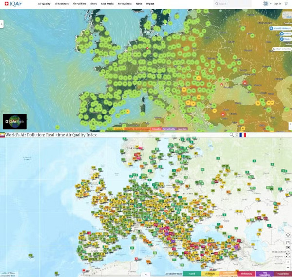 D&rsquo;un service &agrave; l&rsquo;autre, les cartes de la qualit&eacute; de l&rsquo;air peuvent varier consid&eacute;rablement, comme le montre cette comparaison du 17/11/2025 &agrave; 05h00 entre les cartes disponibles&nbsp;via&nbsp;IQAir (en haut) et Waqi (en bas).