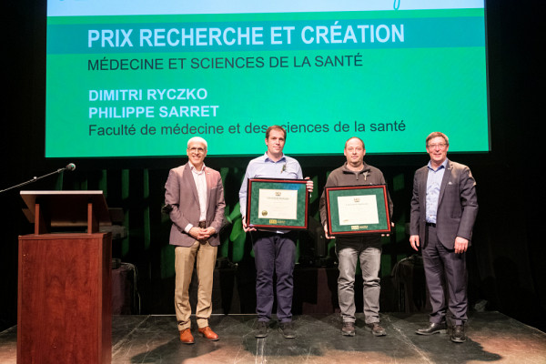 Dimitri Ryczko et Philippe Sarret, du Département de pharmacologie-physiologie de la FMSS, ont reçu le Prix de la recherche et de la création dans la catégorie Médecine et sciences de la santé.