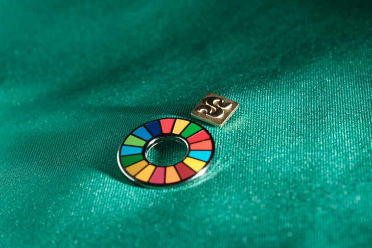 Emblème des ODD, l'épinglette colorée correspond aux 17 objectifs s'y rattachant. 