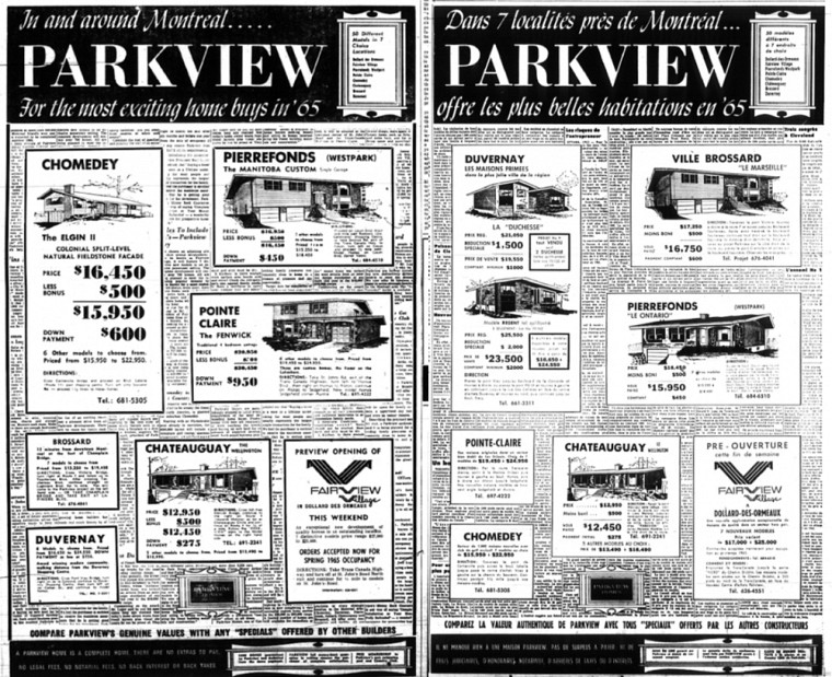 Deux publicités du promoteur Parkview, publiées la même journée dans les deux langues, semblent à première vue identique, mais permettent de réaliser que l’idéal suburbain proposé à l’ensemble des Montréalais se vit dans des localités distinctes les unes des autres.