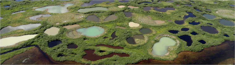 Les lacs de thermokarst atteignent jusqu’à une trentaine de mètres de diamètre, comme celui, dans les teintes de bleu et de vert, au centre de cette photo prise dans la région d’Umiujaq, au Nunavik. Le diamètre des plus petits tourne autour de 5 à 10 mètres.
