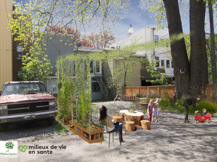 Image de synthèse présentant le projet d'un espace collectif dans une ruelle. Illustration: Marie-Christine Mathieu, Nature Québec