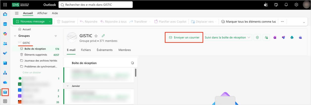 Interface pour envoyer un courriel à une équipe