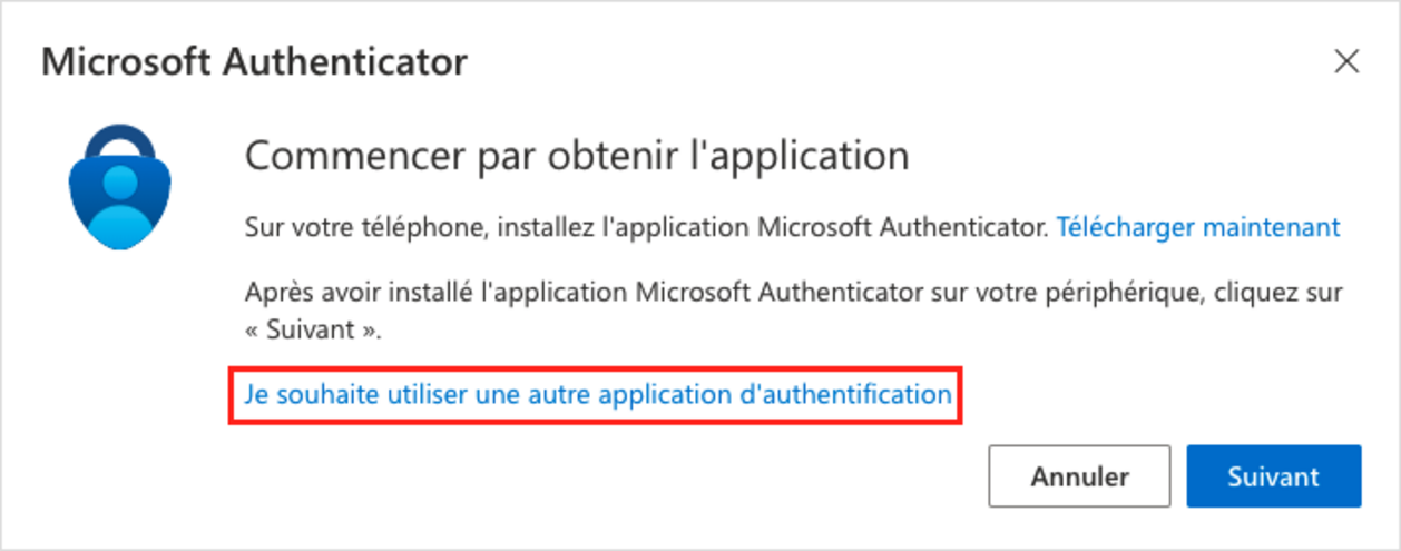 Fenêtre pour configurer une application d'authentification