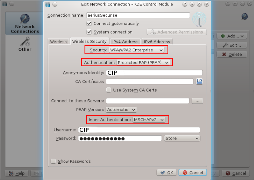 Onglet Wireless Security, entrer CIP et mot de passe